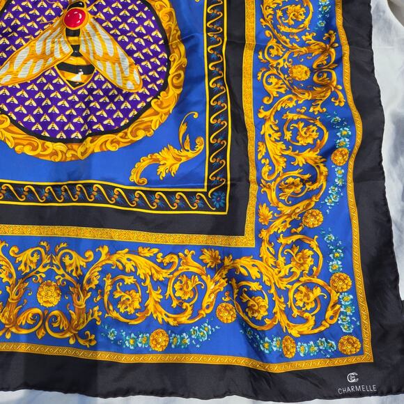Vintage Charmelle Queen Bee Silk Scarf Rolled Hem Blue Gold Black - Picture 5 of 12